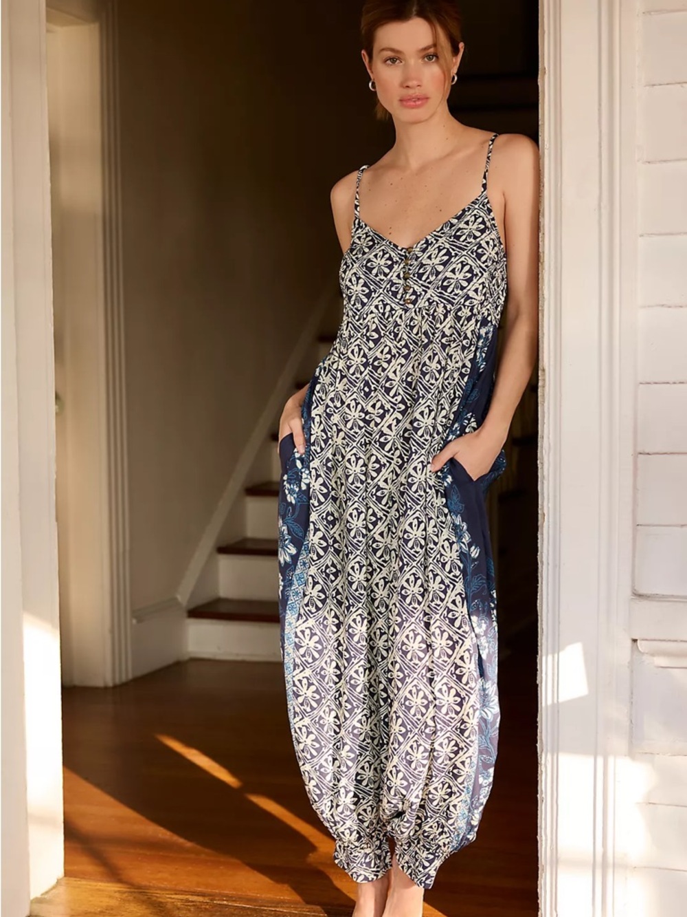 By Anthropologie Mark D. Sikes Printed Jumpsuit Navy Blue Size XXS